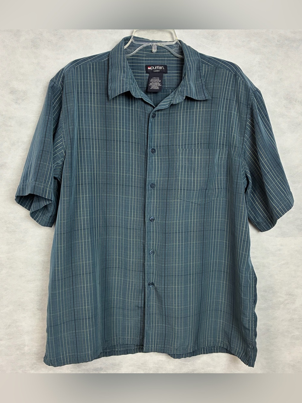 Y2k Puritan Sueded Mens Large Short Sleeve Button Up Shirt Blue Striped Flaw